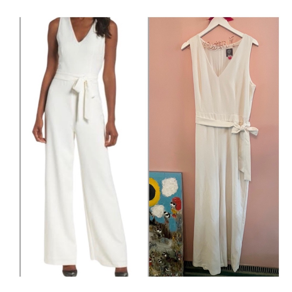 Vince Camuto white tie front wide leg jumpsuit 14 wedding reception disco bride